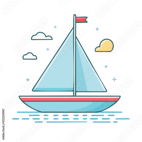 Stylized Sailboat Illustration with Clouds and Stars on Black Background Simple Maritime Icon