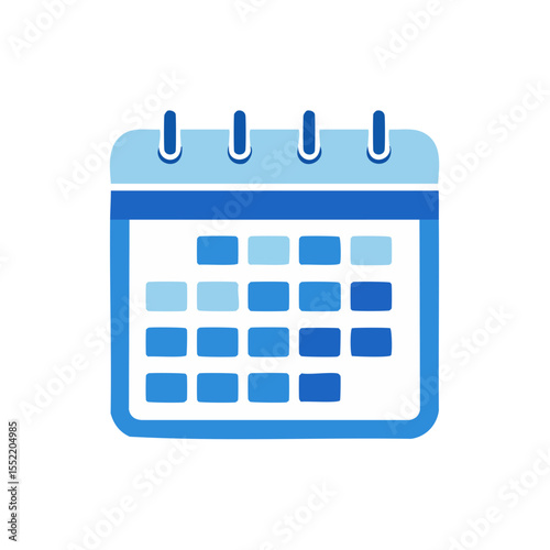 Blue calendar icon with grid of days and wire binding on top of the pages