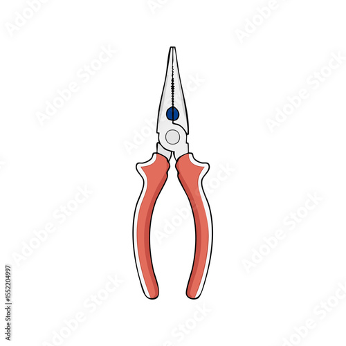 Needle-nose pliers with red handle on black background show the tool with toothed jaws to grab and manipulate objects.