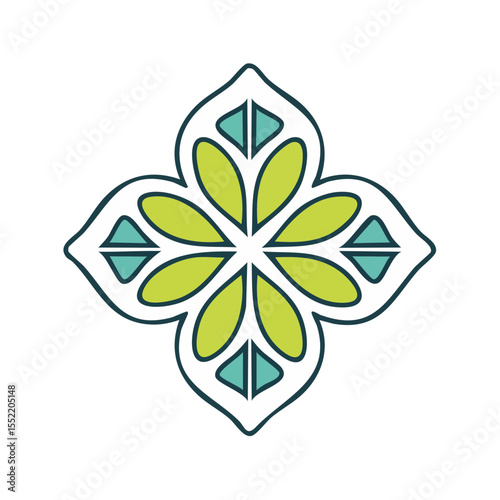 Abstract Floral Motif Design: Green Petals and Turquoise Triangles on Black