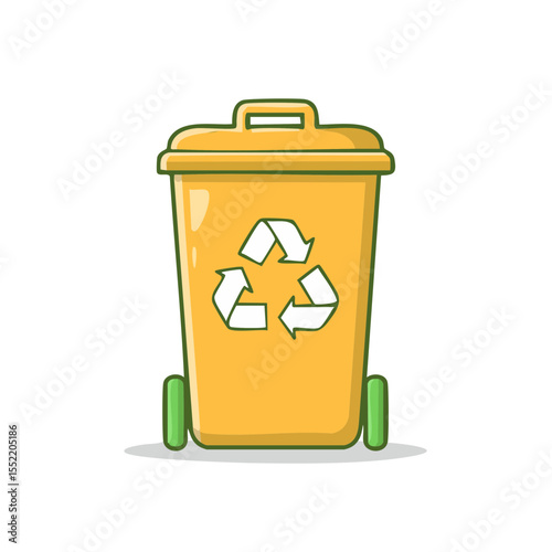 Vibrant Yellow Recycling Bin with Green Wheels and Recycle Symbol Isolated on Black Background