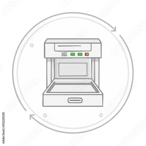 Illustration of automated machine with open tray inside white circular shape for industrial and manufacturing processes on black background