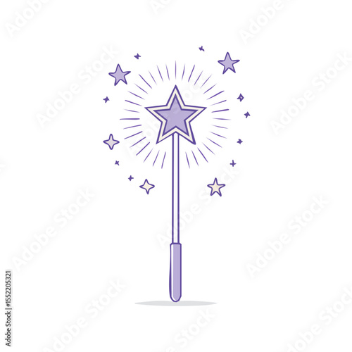 Illustrated purple star-tipped wand with radiating lines and stars on a black background