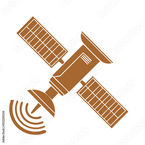 Communication satellite orbiting earth icon transmitting signals with solar panels on a black background vector illustration