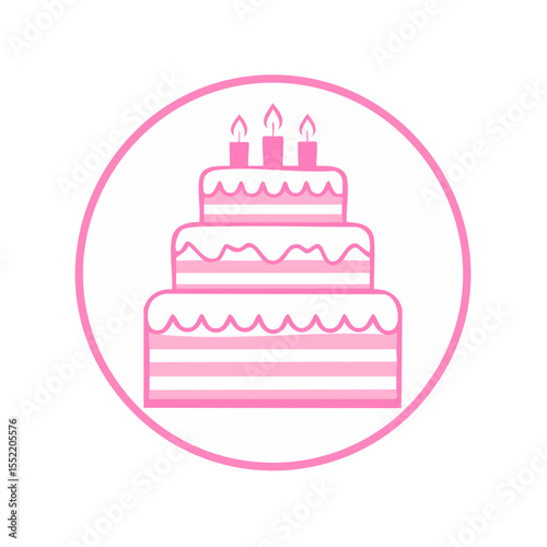 Pink three tier birthday cake with candles illustration against white background Celebration pastry dessert baking icon symbol