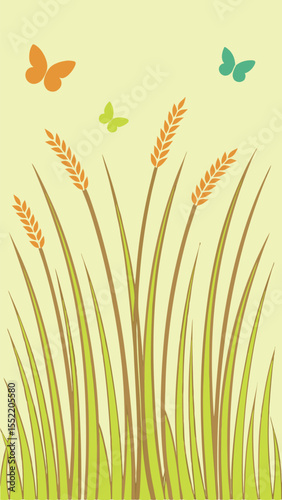 Stylized illustration of wheat and butterflies with a nature inspired design