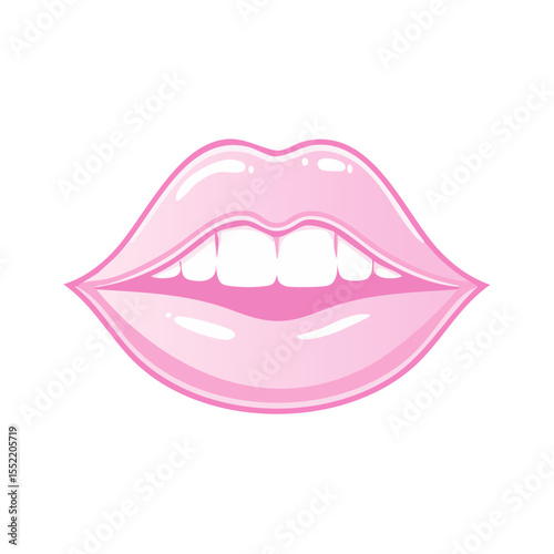 Pink glossy lips with white teeth vector illustration Mouth design beauty and glamour fashionable art Lip makeup style graphic drawing