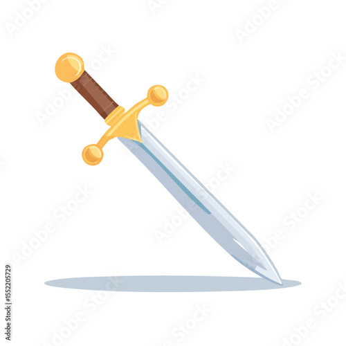 Cartoon illustration of a knight's sword with a shiny metal blade and gold handle for medieval fantasy concept art or adventure games
