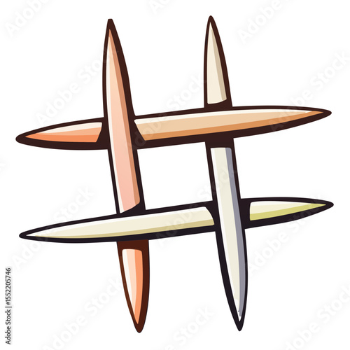 Stylized Interlocking Wooden Skewers Forming a Hashtag Shape Isolated on Black