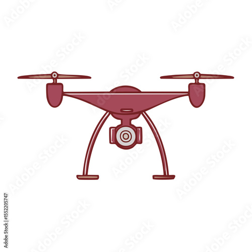 Isolated maroon drone with camera illustration on black, technology and aerial photography