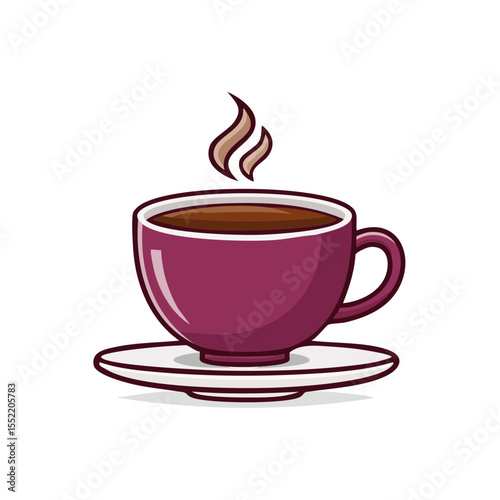 Stylish magenta coffee cup with steaming hot drink illustration on saucer against black background for beverage and relaxation concepts