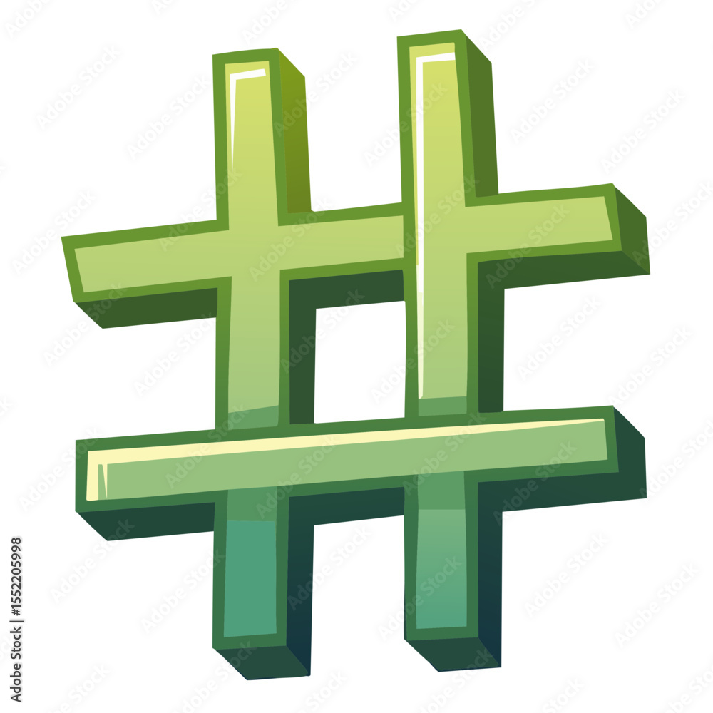 Fototapeta premium Green Cartoon Hashtag Symbol on Black Background with 3D Perspective Effect