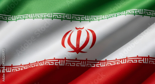 Waving Iranian flag with green, white and red stripes, featuring the emblem of Iran in the center.