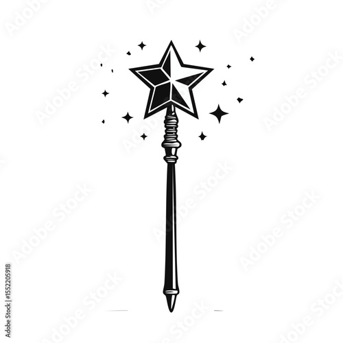 Magic Wand Illustration with Star and Sparkles on Black Background, Enchantment Tool