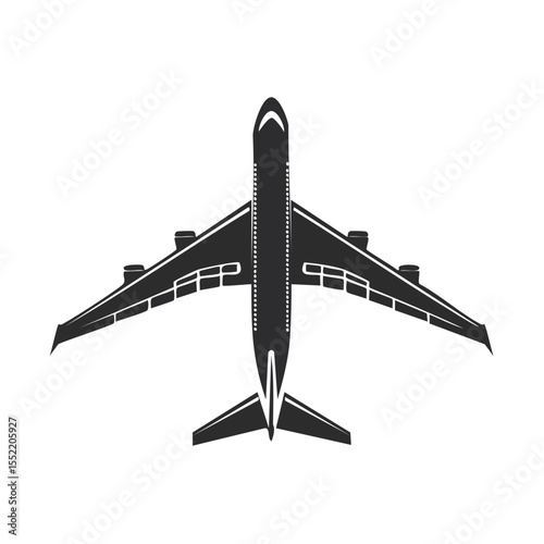 Top-Down View of a Jumbo Jet Airplane Silhouette, Modern Aircraft Design Flying on Black Background