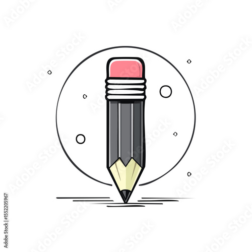 Isolated gray pencil with eraser on black backdrop surrounded by white dots, flat illustration