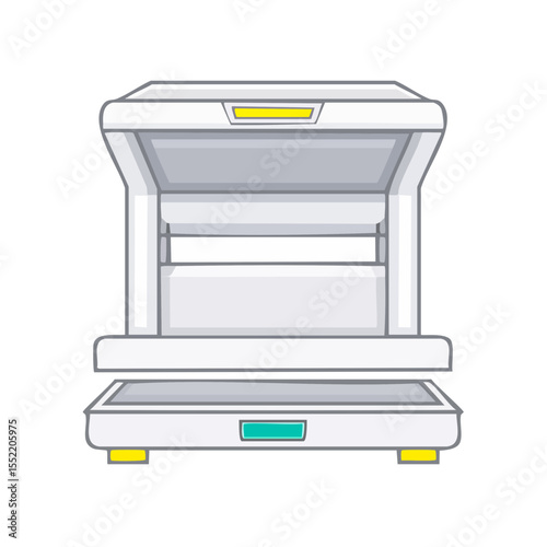 Cartoon style futuristic device graphic illustration isolated on a black background featuring white panels and colorful accents for a modern technology concept