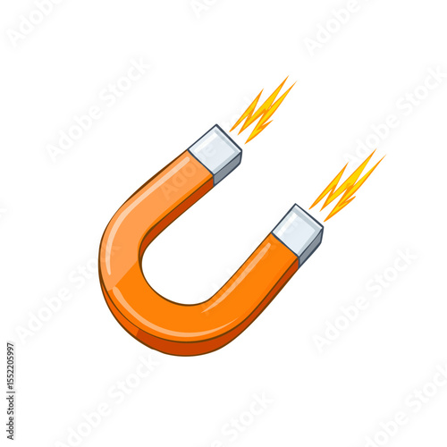 Cartoon horseshoe magnet showing magnetic force attracting objects on black backdrop represents science physics and education