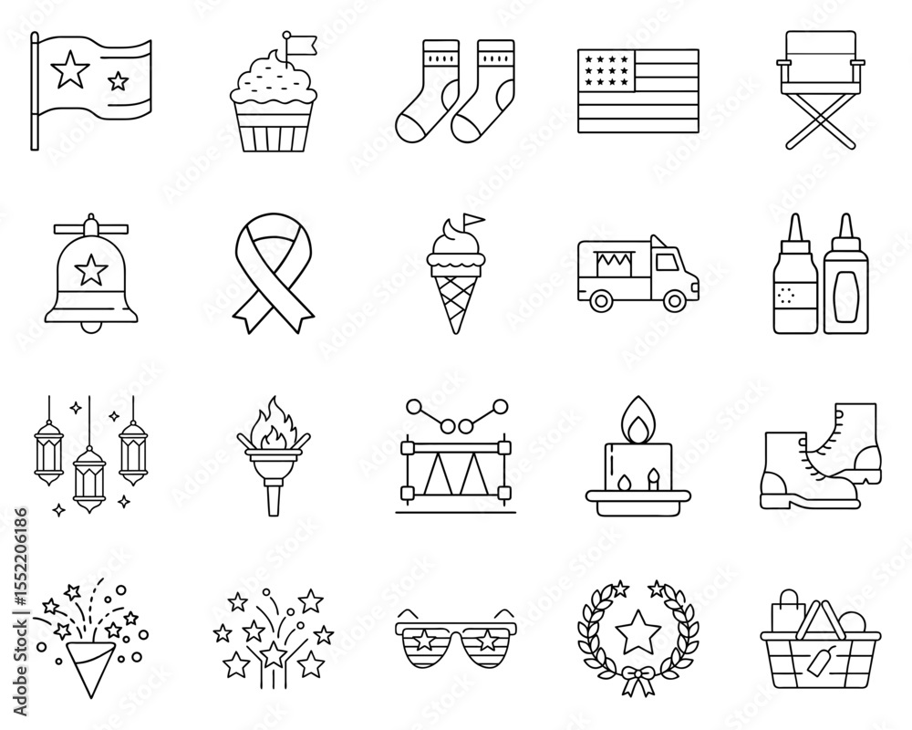 Naklejka premium Independence Day USA vector icon set featuring festive symbols and icons