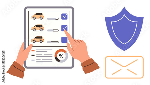 Hands reviewing car insurance checklist with rating chart, shield representing security, mail envelope for notifications. Ideal for insurance, process, selection, security, communication, approval