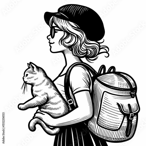 Girl in hat holding cat with backpack