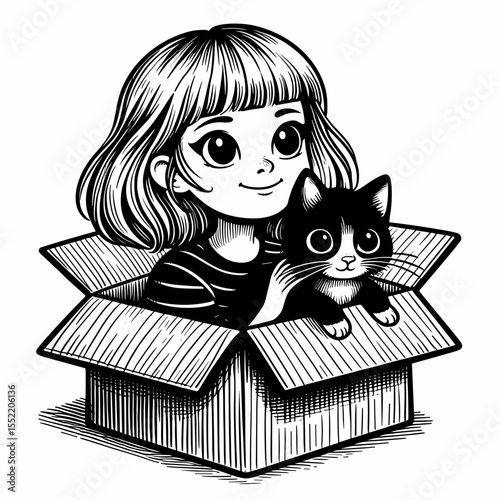 Girl smiling with cat in cardboard box