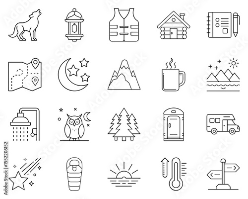 Camping icon set featuring outdoor activities and nature elements in black silhouettes