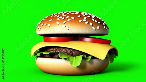 Cheeseburger on green screen background. Burger, hamburger, beefburger, cheeseburger. Popular fast Food and appetizers icon sign symbols mockup. animation, motion graphic video footage. Isolated green
