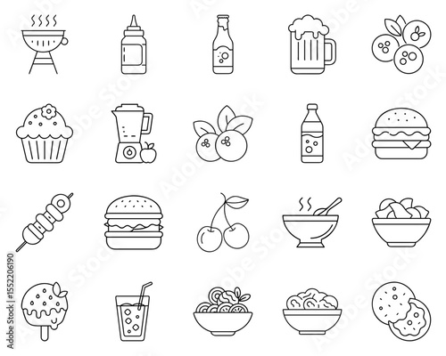 Summer Food and Drinks Vector Icon Set Featuring Grilling and Refreshments