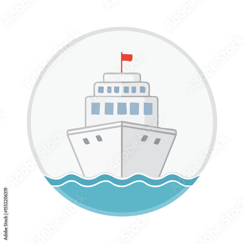 White cruise ship icon on blue ocean waves for travel and vacation design. Simple flat vector ship for sea journey.