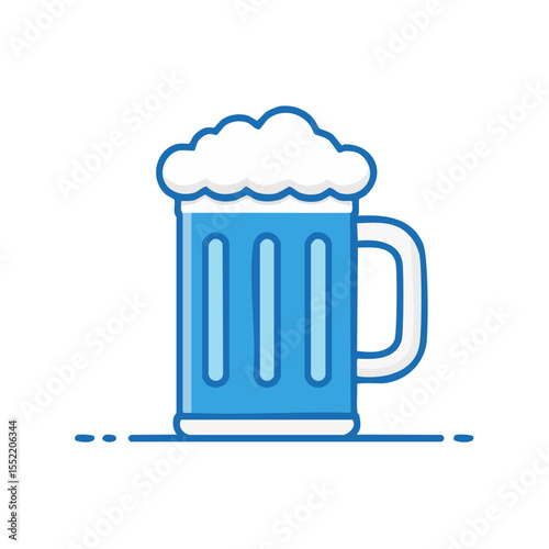 Blue stylized beer mug overflowing with foam for celebration and relaxation on a simple black background