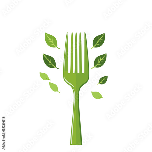 Green Fork with Leaves Concept Illustration for Healthy Eating and Vegetarian Food on Black Background