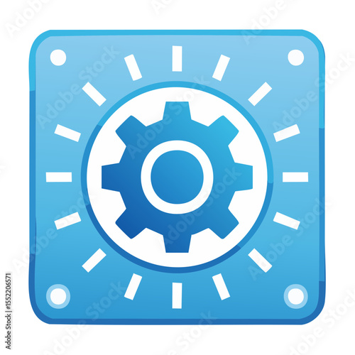 Gear Symbol on Blue Square with Light Rays, Industrial Process Automation Icon