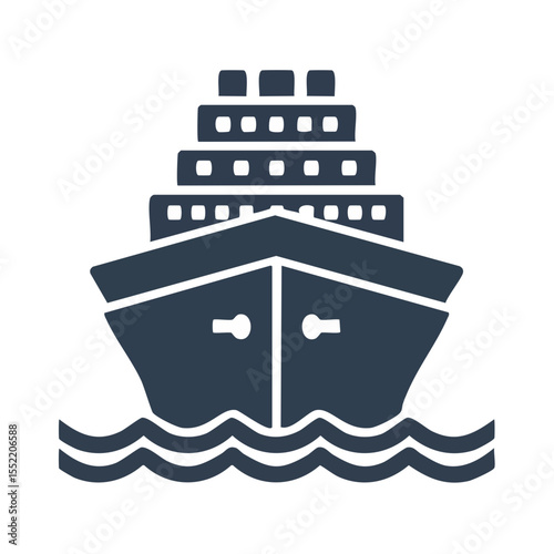 Iconic Cruise Ship on the Ocean Waters Front View Nautical Travel and Vacation Transportation Symbol on Black Background