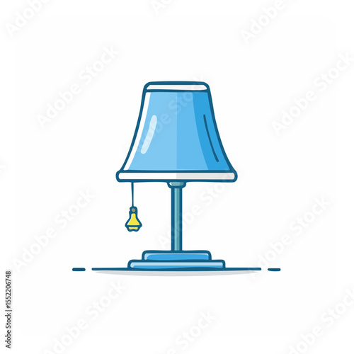 Elegant blue table lamp with pull chain cartoon illustration illuminates light with a modern decorative design on a white background