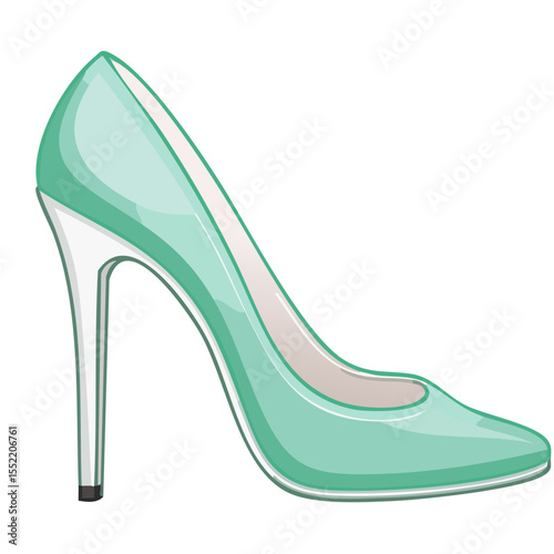 Illustration of a mint green high heel pump shoe with a white heel on a black background