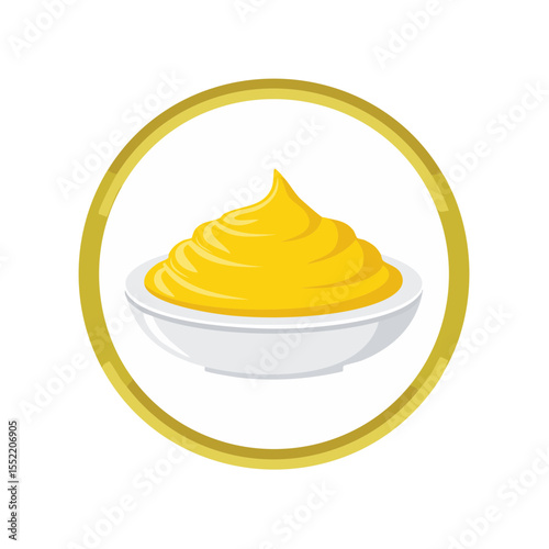 Delicious Yellow Mustard in a White Bowl with a Gold Border Food Condiment Spice Flavor