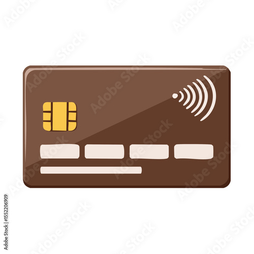Brown Cartoon Credit Card with Contactless Payment Symbol on Black Background