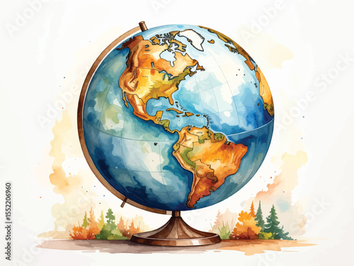Watercolor globe showcasing north and south america continents in detail art