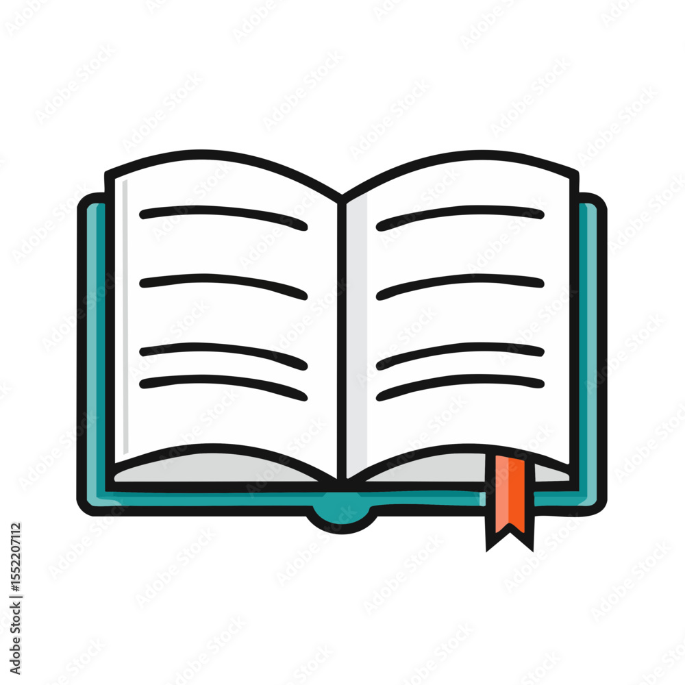 Stylized Open Book Illustration with Bookmark and Simple Interior Page Lines on Black Background Stylized Open Book Illustration with Bookmark and Simple Interior Page Lines on Black Background