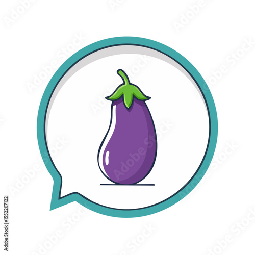 Stylized eggplant illustration in a speech bubble icon representing veganism or healthy eating concept, on a clean black background