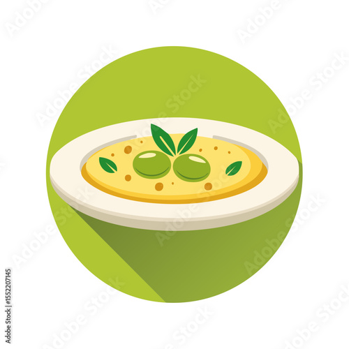 Creamy soup with green peas and basil garnish served on a plate food illustration icon against a green circle background