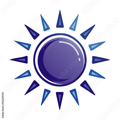 Blue and purple sun icon with triangular rays on a black background
