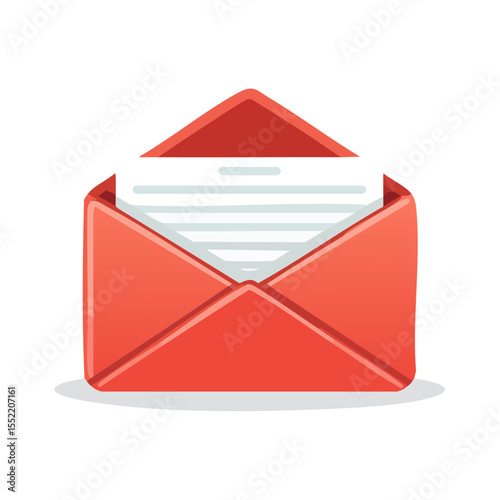 Open red envelope with paper inside for correspondence sending emails and delivering letters for business communication message or notification icon