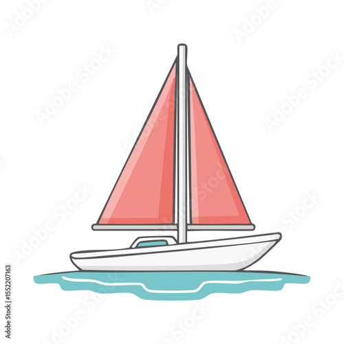 Cartoon Sailboat with Red Sail on Water Graphic Summer Vacation Sailing