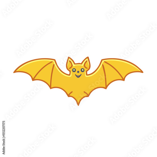 Cute yellow bat cartoon graphic with smiling face spreading its wings on a black background for Halloween designs and seasonal artwork
