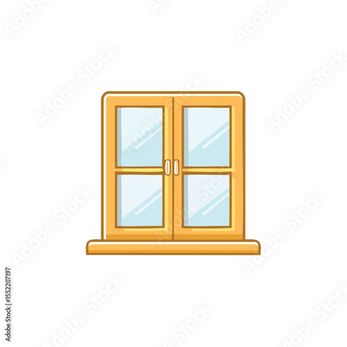 Cartoon Wood Frame Double Window with Glass Panes and Window Sill Illustration