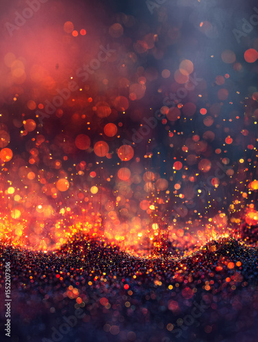 Glowing bokeh lights with fiery orange and red sparks on dark background