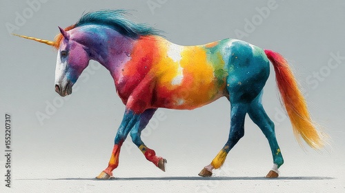Vibrant unicorn walking gracefully against a neutral background showcasing colorful patterns and a shimmering horn