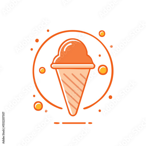 Stylized orange ice cream cone on black background with a decorative circular pattern and small dots for summer dessert themes